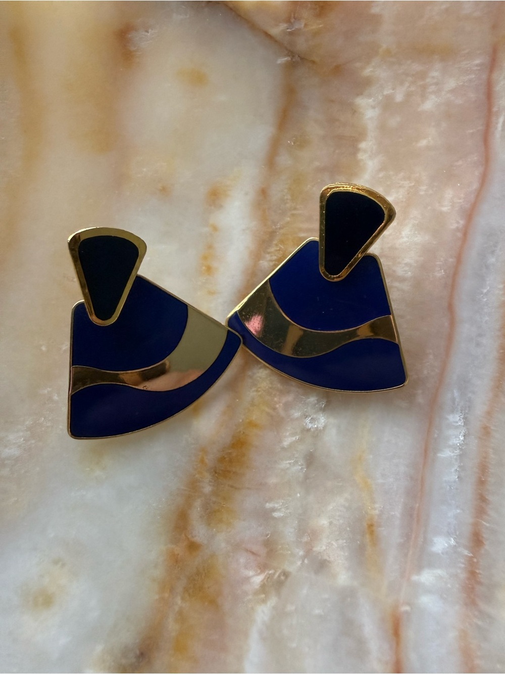 Vintage Signed Laurel Burch Cobalt Blue & Gold Enamel Geometric Post Earrings - Picture 2 of 5